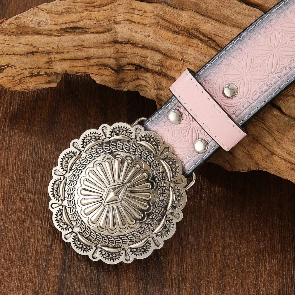 Western Blush Pink Textured Silver Tone Circle Belt